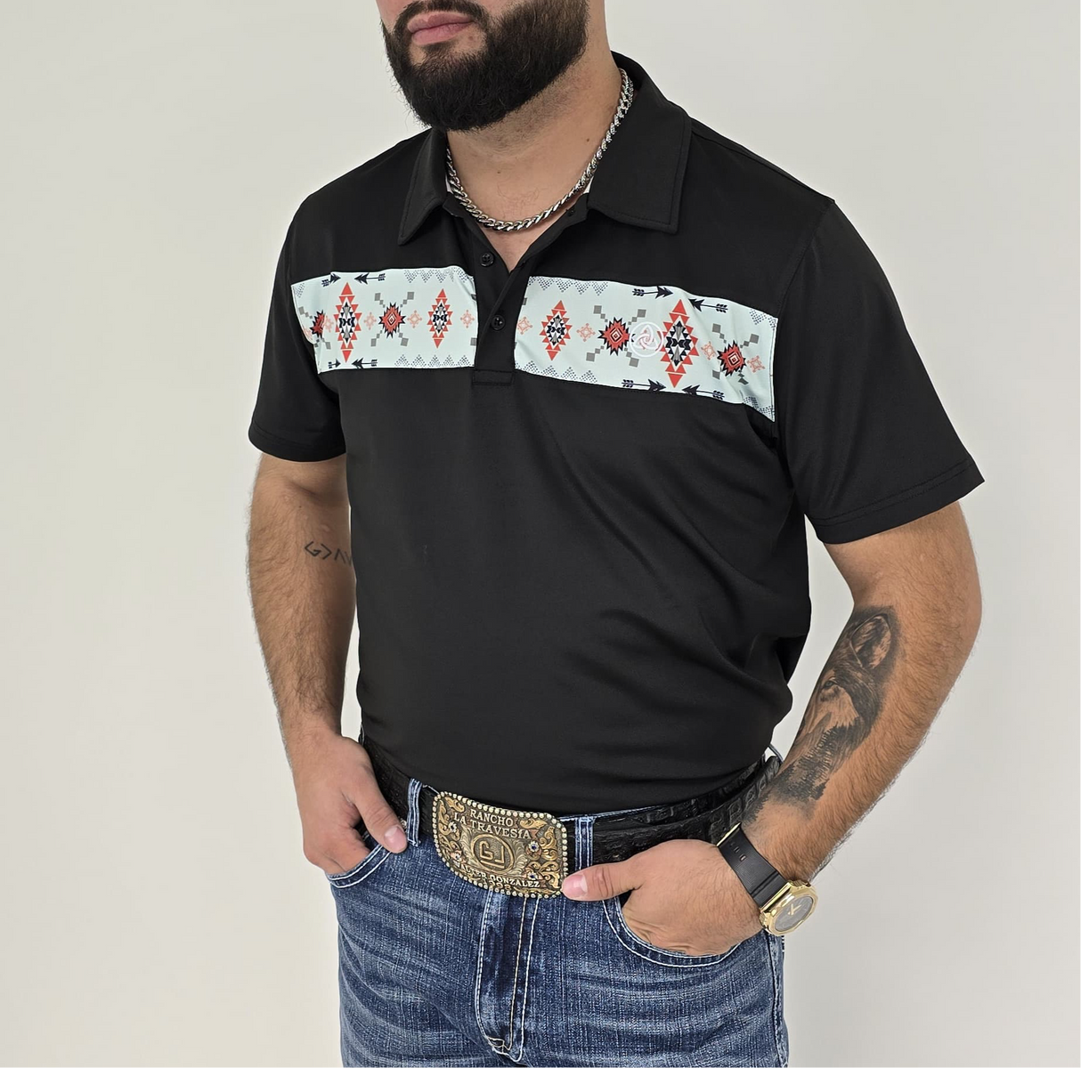 Men's Black Aztec Stripe Polo - SKCL2024P15-3