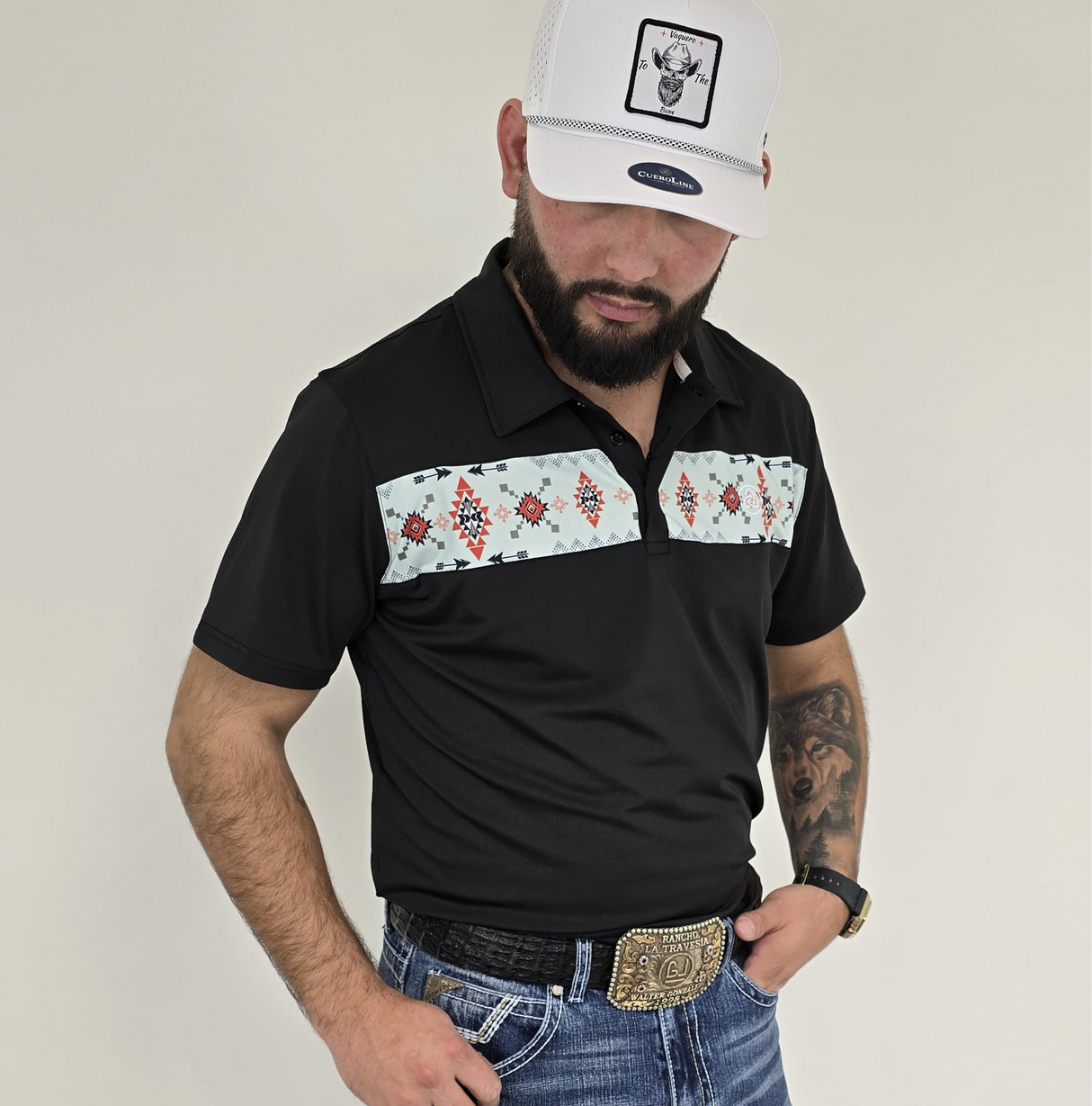 Men's Black Aztec Stripe Polo - SKCL2024P15-3