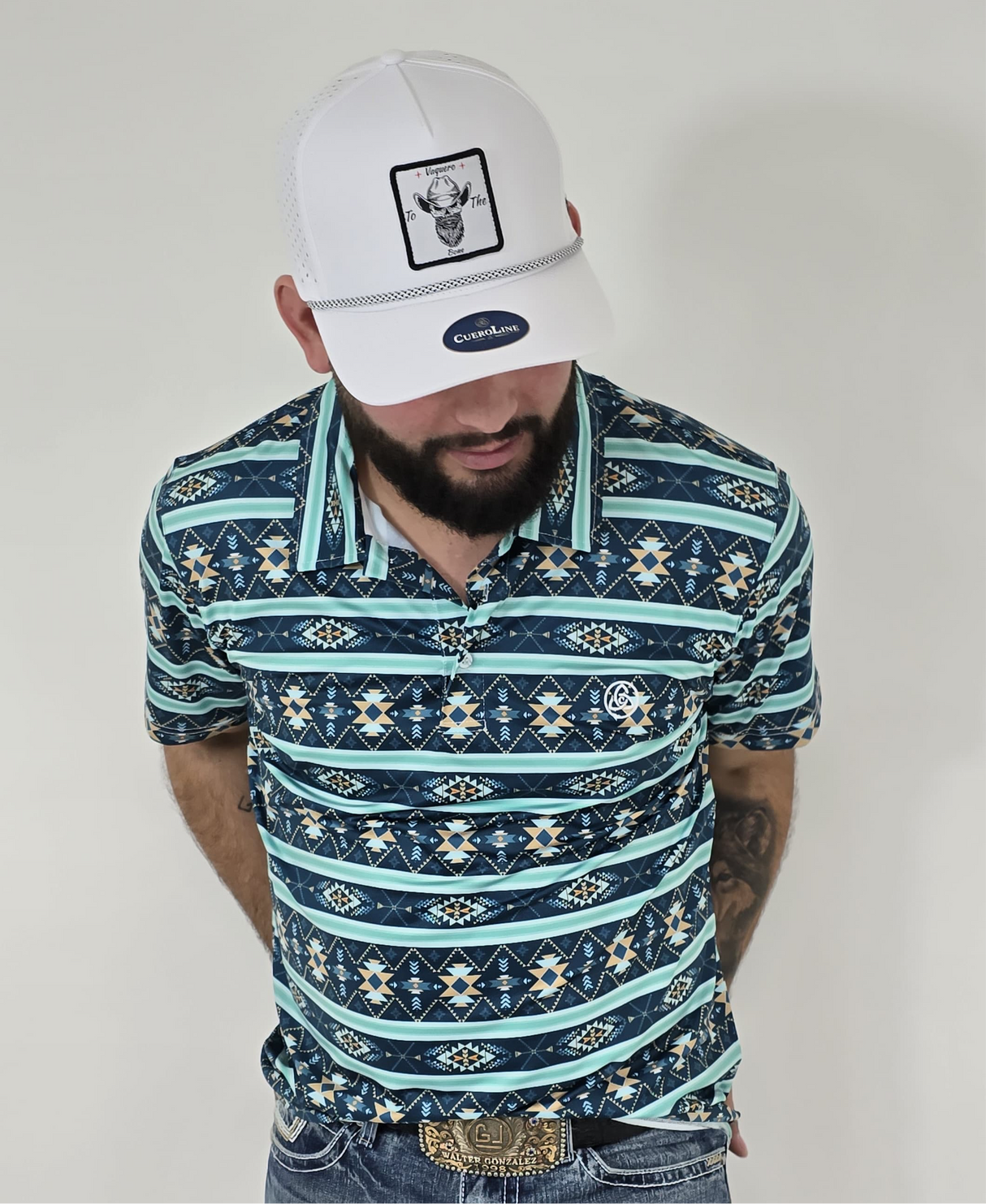 Men's Aztec Aqua Blue Polo - SKCL2024P19