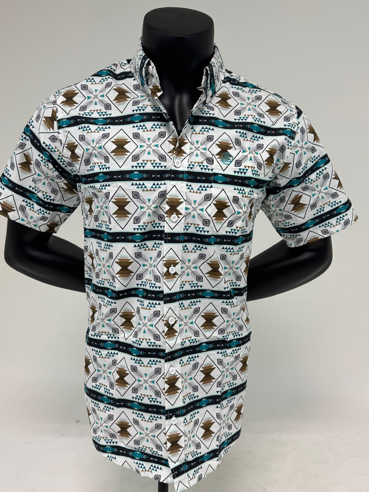 Brown Aztec Stripe Short Sleeve Button Up SKCL2023151 151-SS