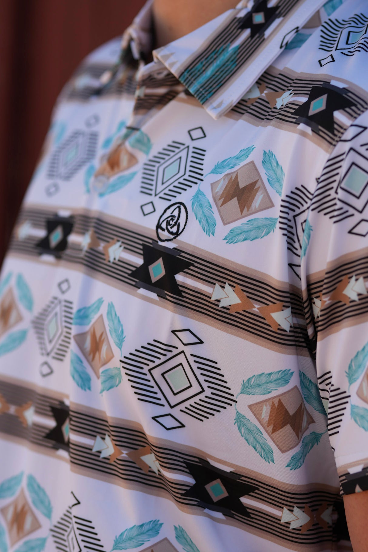 Men's White & Brown Feather Aztec Polo - P29