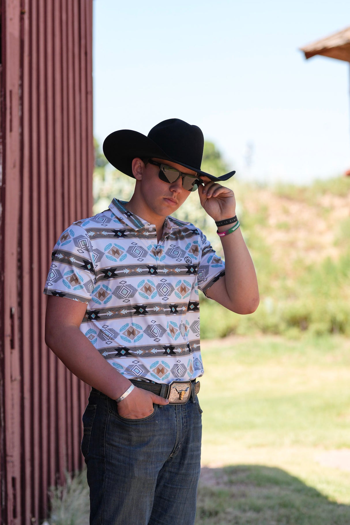 Men's White & Brown Feather Aztec Polo - P29