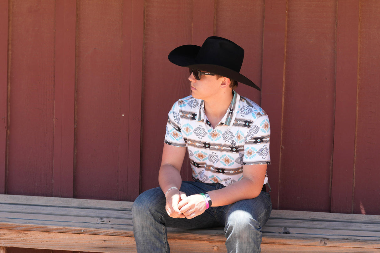 Men's White & Brown Feather Aztec Polo - P29