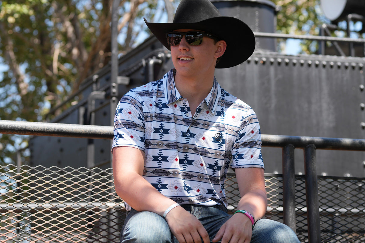 Men's White & Navy Feather Aztec Polo - P24