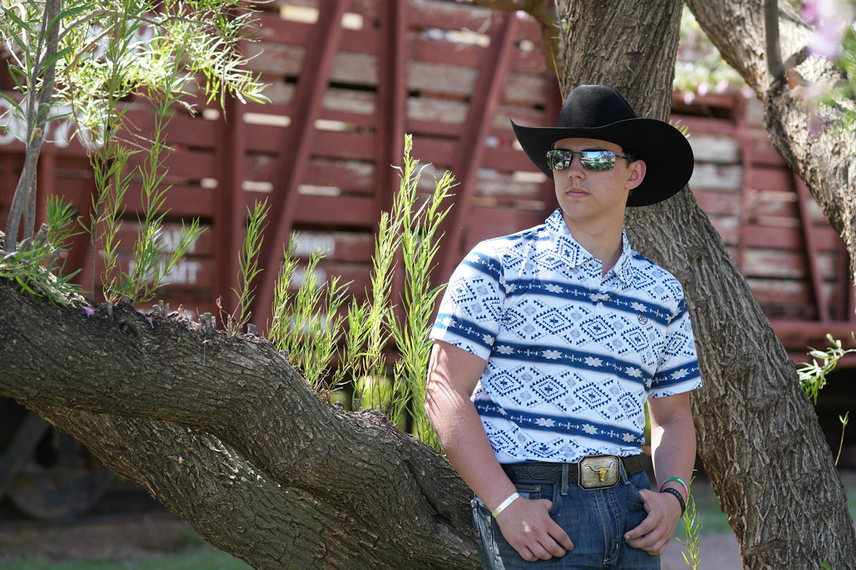 Men's White & Dark Blue Aztec Polo - P22