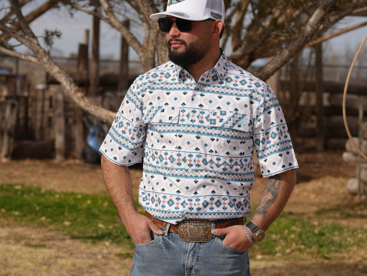 TEAL/SALMON AZTEC COOL TECH BUTTON UP - 181