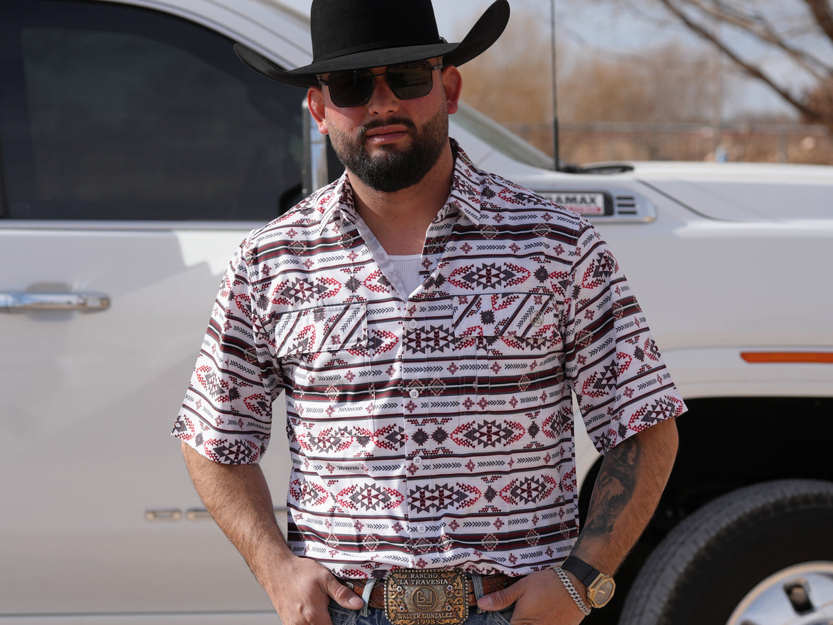 WHITE/RED/BLACK AZTEC COOL TECH BUTTON UP - 182