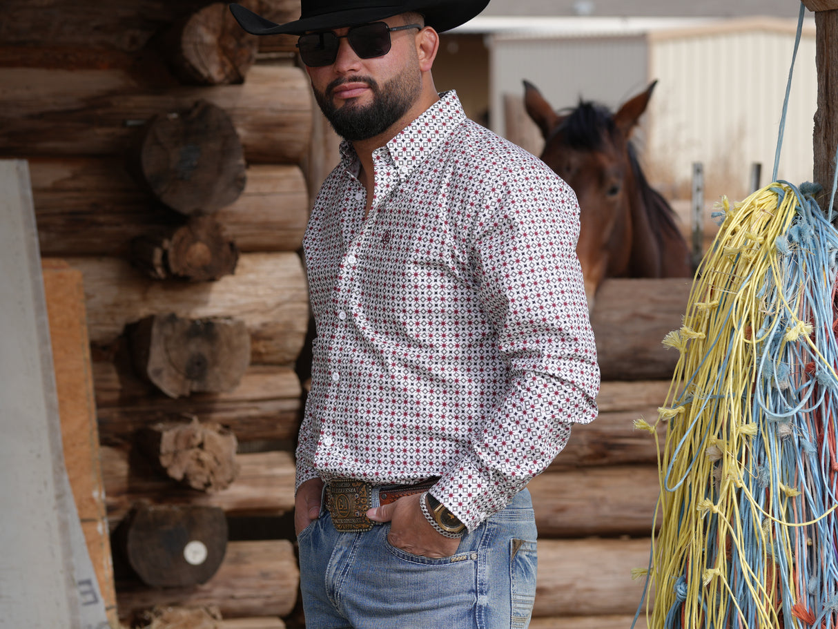 WHITE & RED GEOMETRIC BUTTON UP - 201
