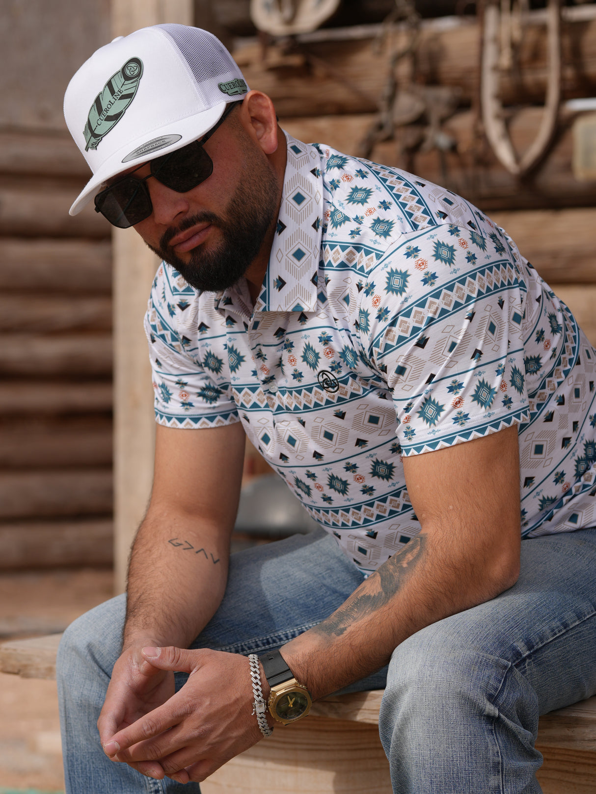 TEAL/SALMON AZTEC POLO - P39