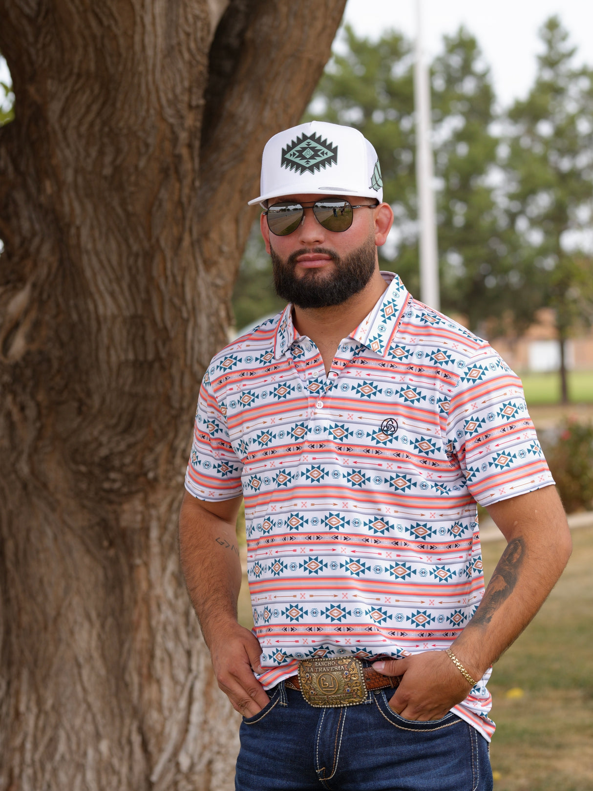 Men's Orange Striped Aztec Polo - 05