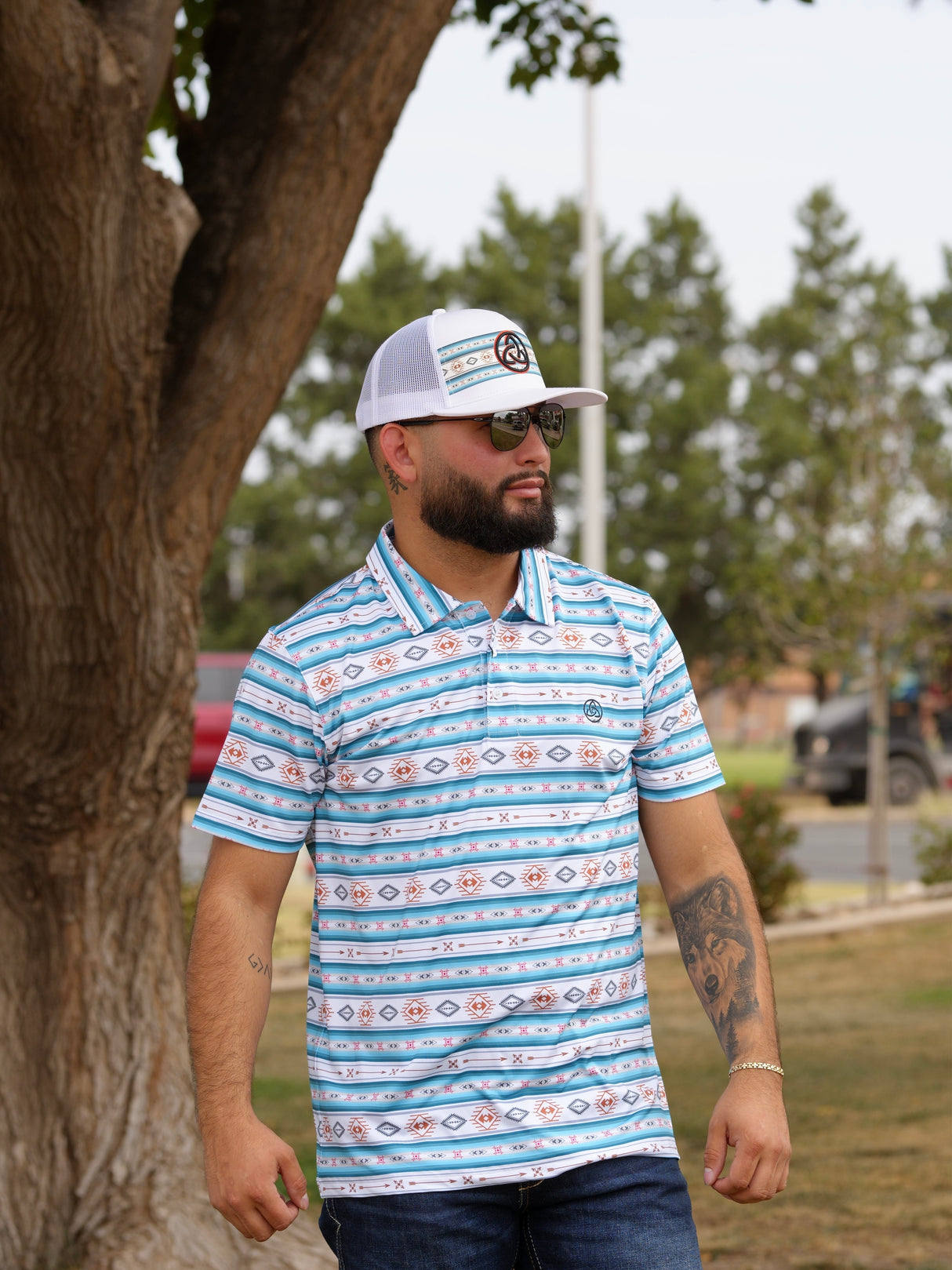 Men's Blue Striped Aztec Polo - 04
