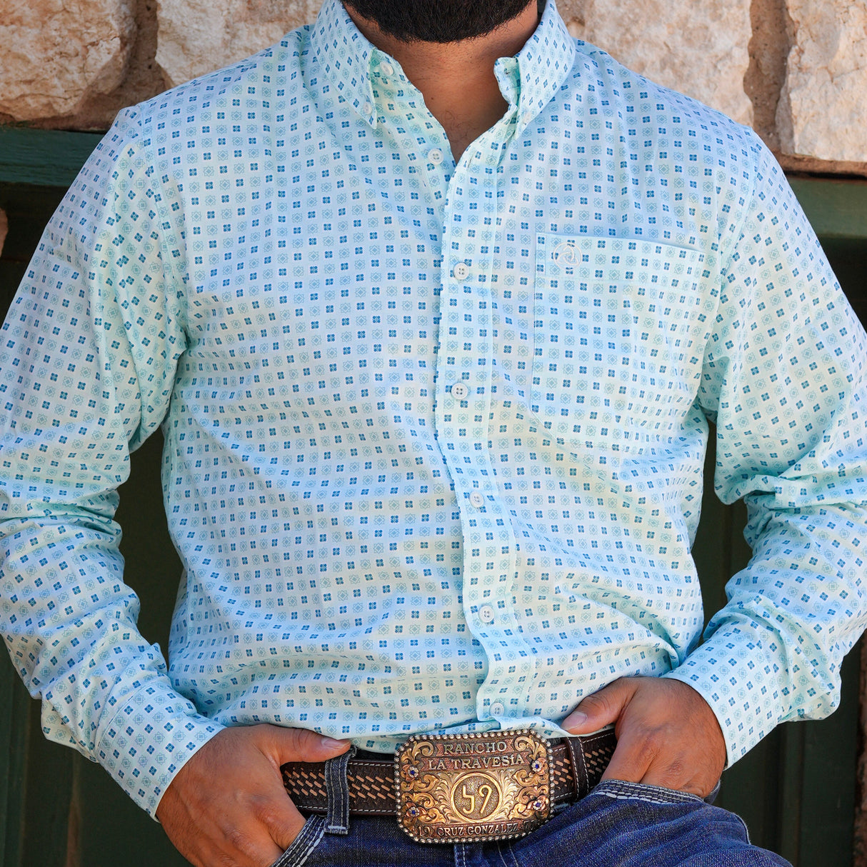 Men's Slim Light Blue Diamond Button Up 118