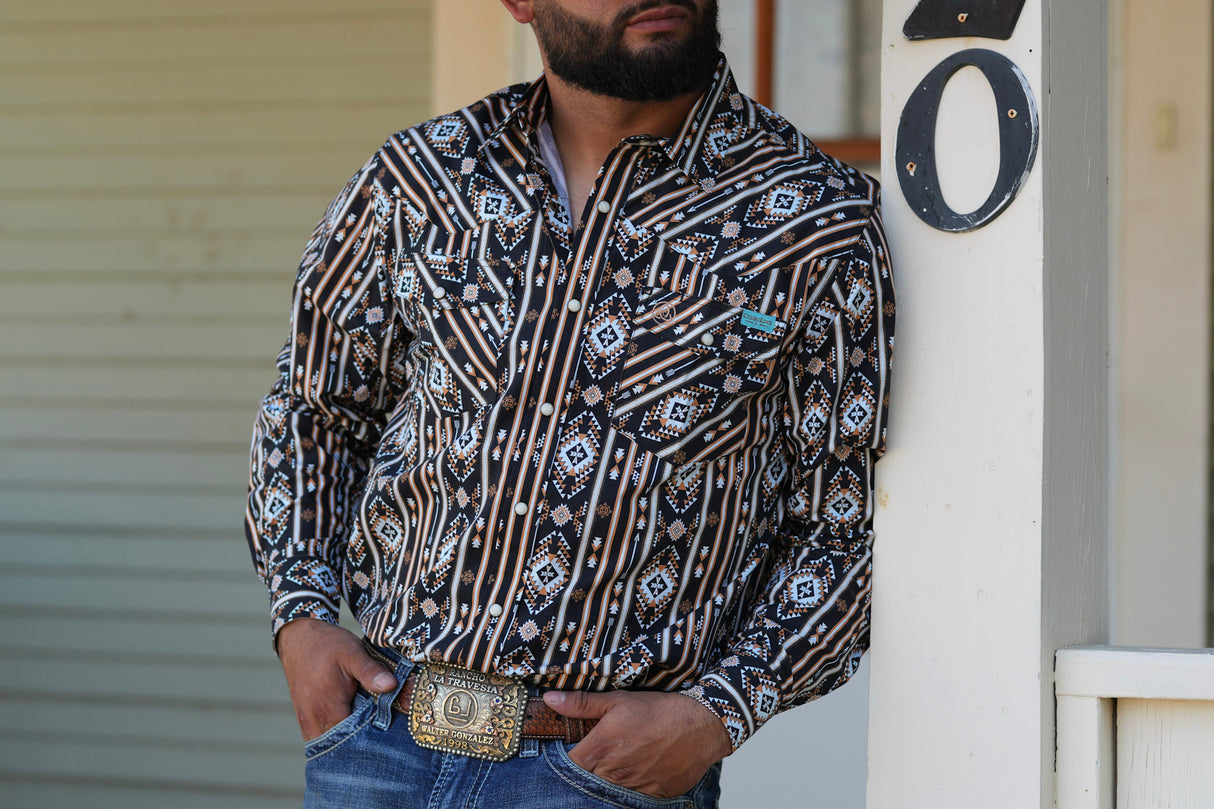 Black Aztec Stripe Slim Fit Pearl Snap SKCL2023159 159