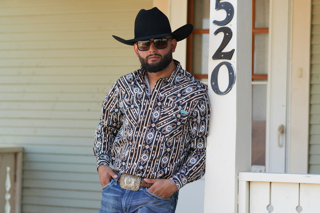 Black Aztec Stripe Slim Fit Pearl Snap SKCL2023159 159