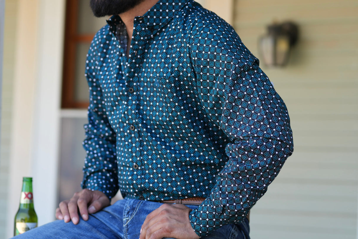 Blue & Black Geometric Button Up SKCL2023154 154