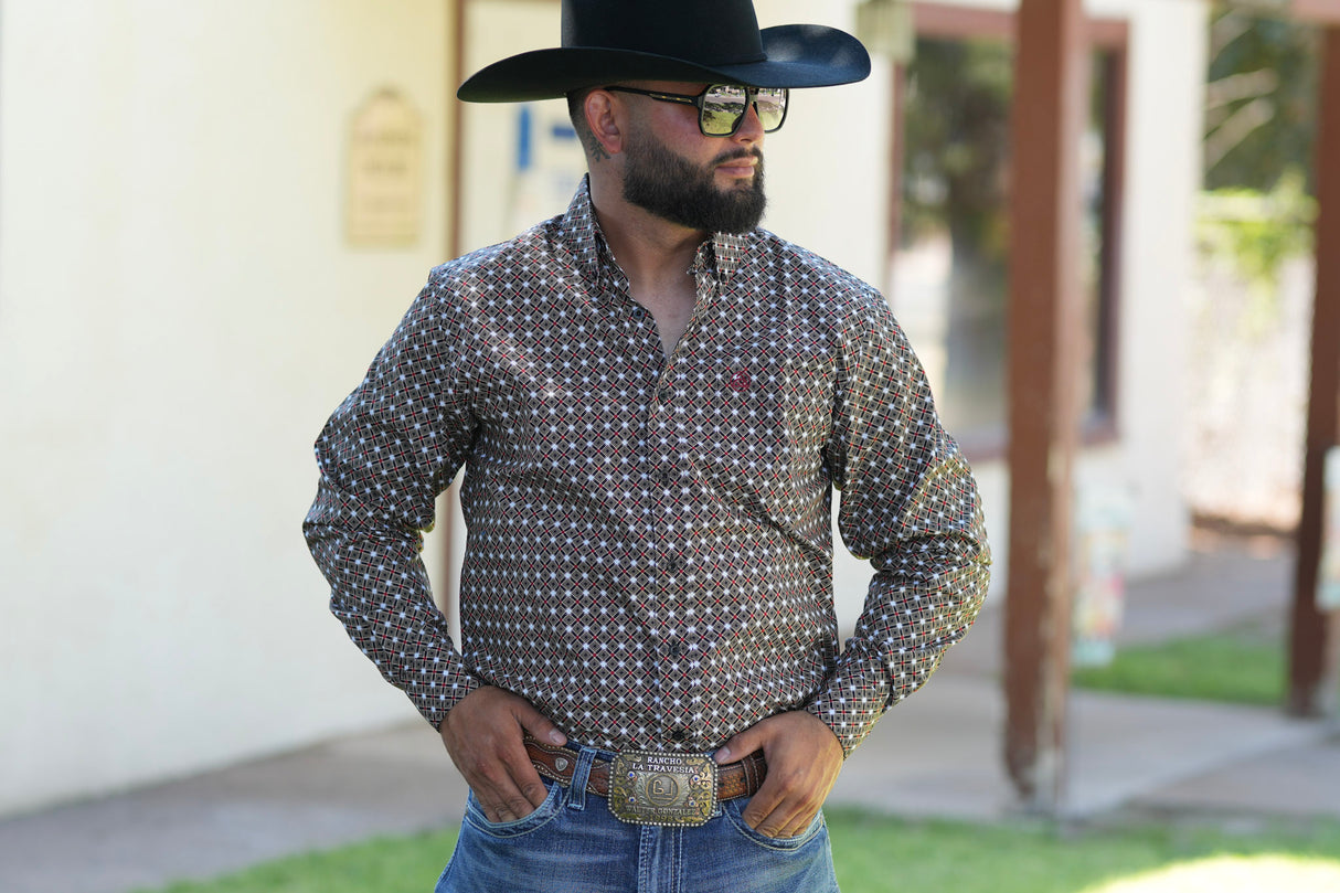 Blue & Brown Geometric Button Up SKCL2023170 170