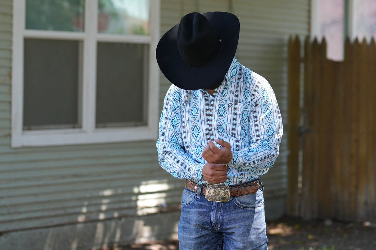 Light Blue Grey Aztec Stripe Button Up SKCL2023156 156