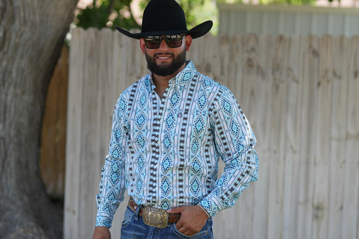 Light Blue Grey Aztec Stripe Button Up SKCL2023156 156