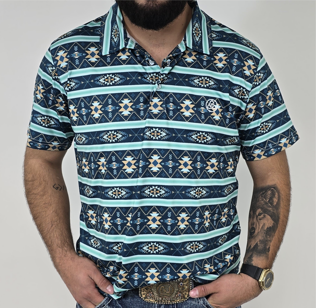 Men's Aztec Aqua Blue Polo - SKCL2024P19