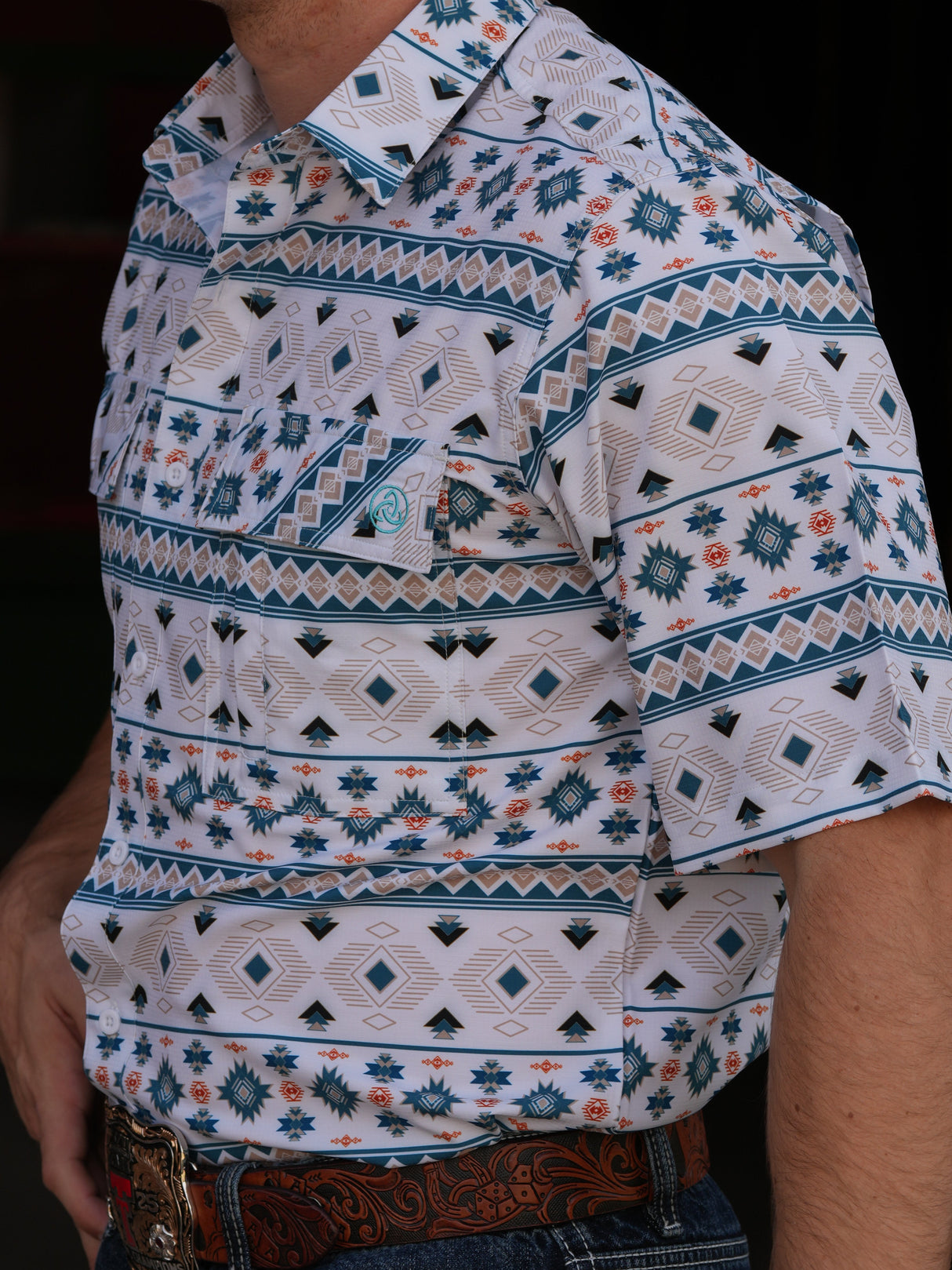 TEAL/SALMON AZTEC COOL TECH BUTTON UP - 181