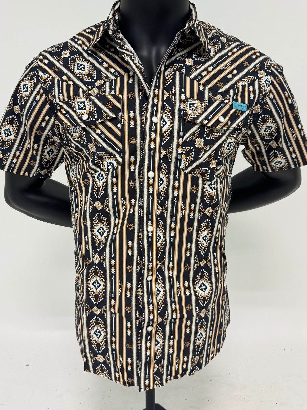 Black Aztec Stripe Slim Fit Pearl Snap Short Sleeve SKCL2023159 159-SS