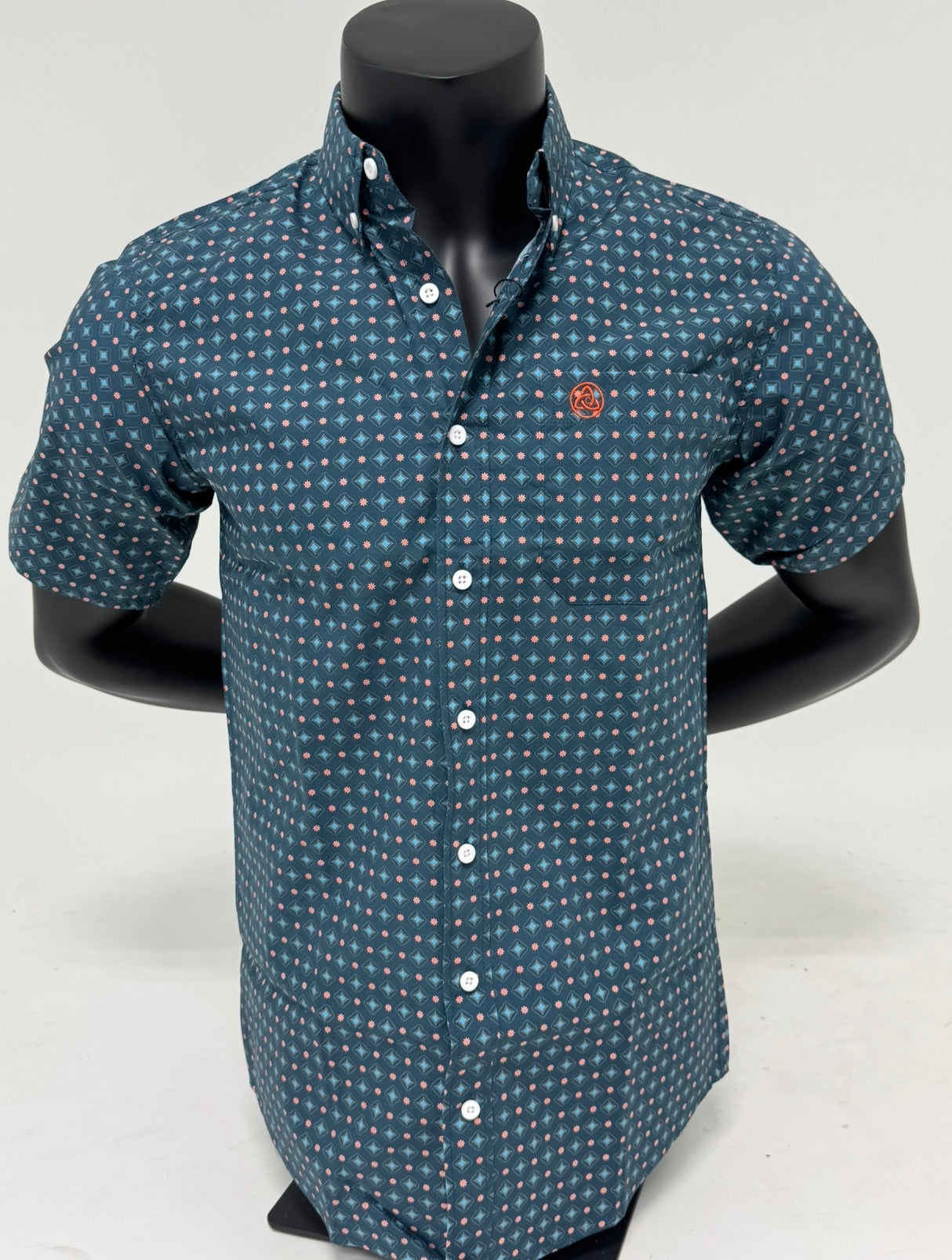 Black Geometric Short Sleeve Button Up SKCL2023155-SS 155-SS