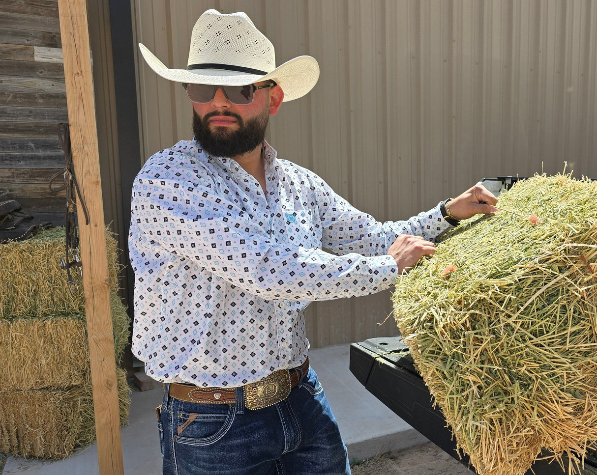 White Blue Aztec Print Classic Fit-SKCL2023004 004 *PLEASE SIZE DOWN*