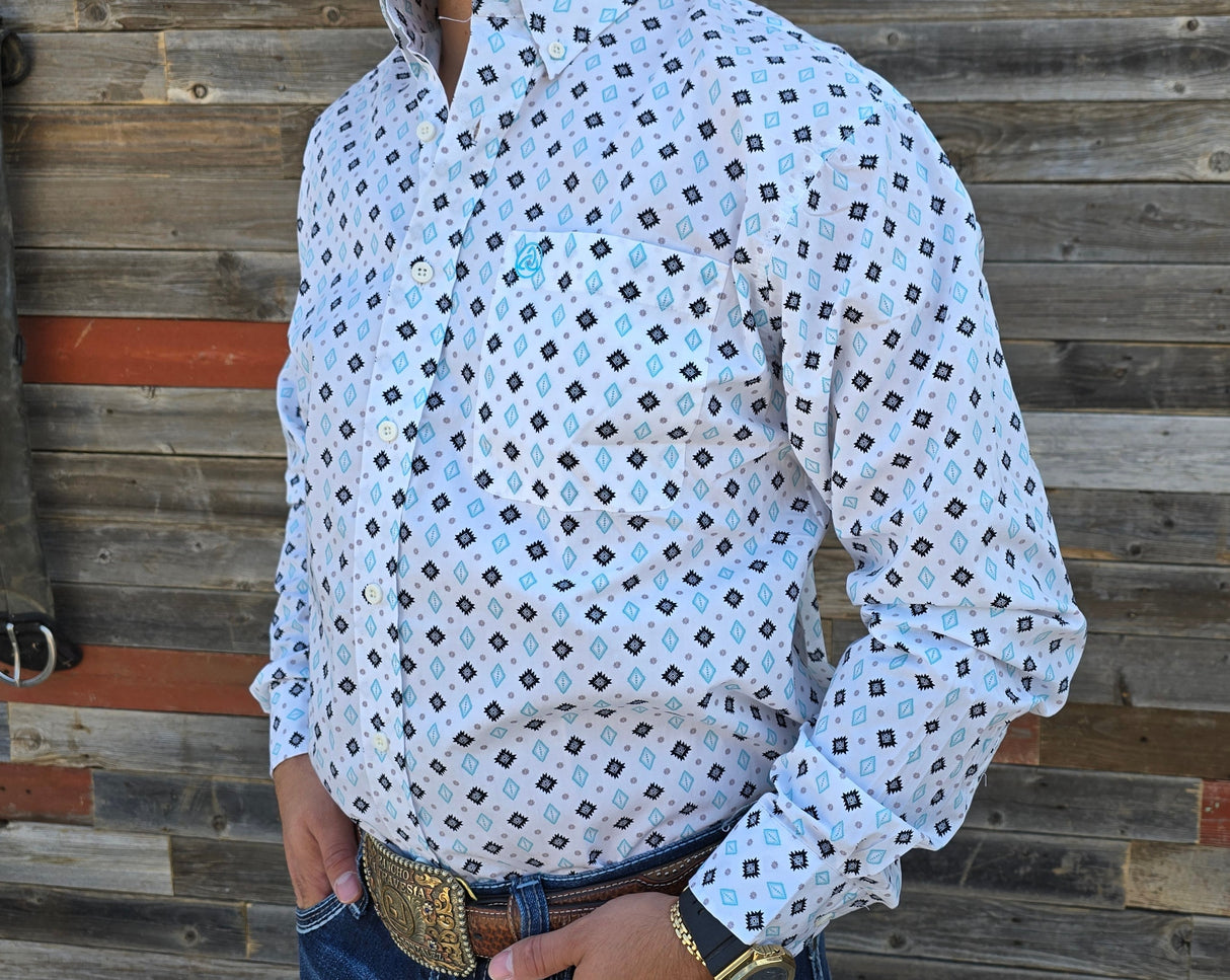 White Blue Aztec Print Classic Fit-SKCL2023004 004 *PLEASE SIZE DOWN*