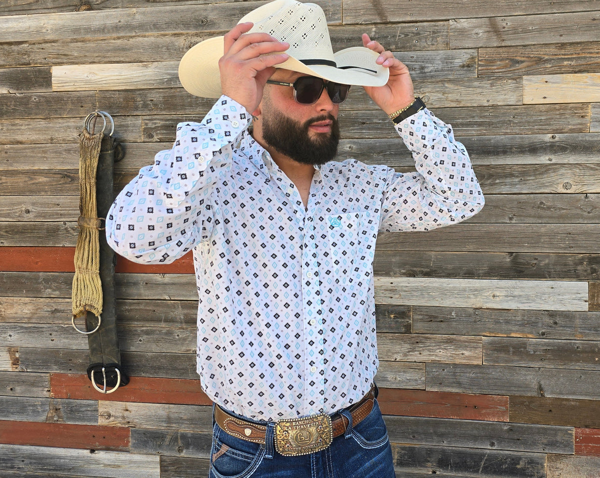 White Blue Aztec Print Classic Fit-SKCL2023004 004 *PLEASE SIZE DOWN*