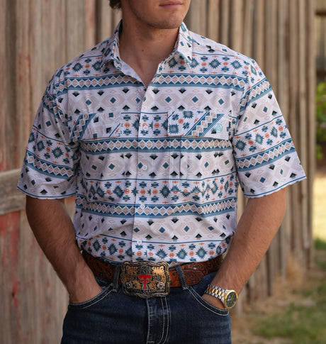 TEAL/SALMON AZTEC COOL TECH BUTTON UP - 181