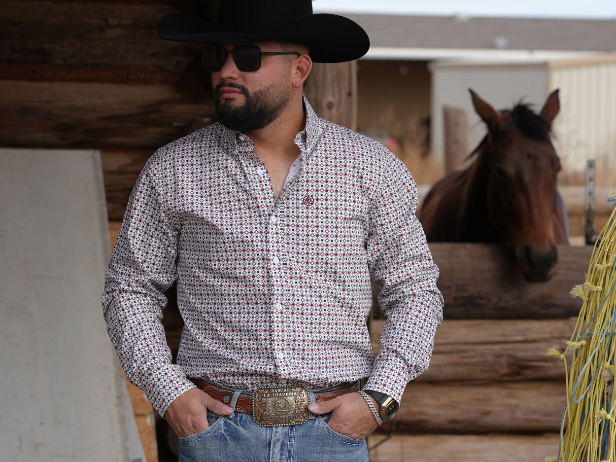 WHITE & RED GEOMETRIC BUTTON UP - 201