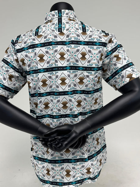 Brown Aztec Stripe Short Sleeve Button Up SKCL2023151 151-SS