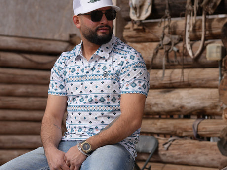 TEAL/SALMON AZTEC POLO - P39