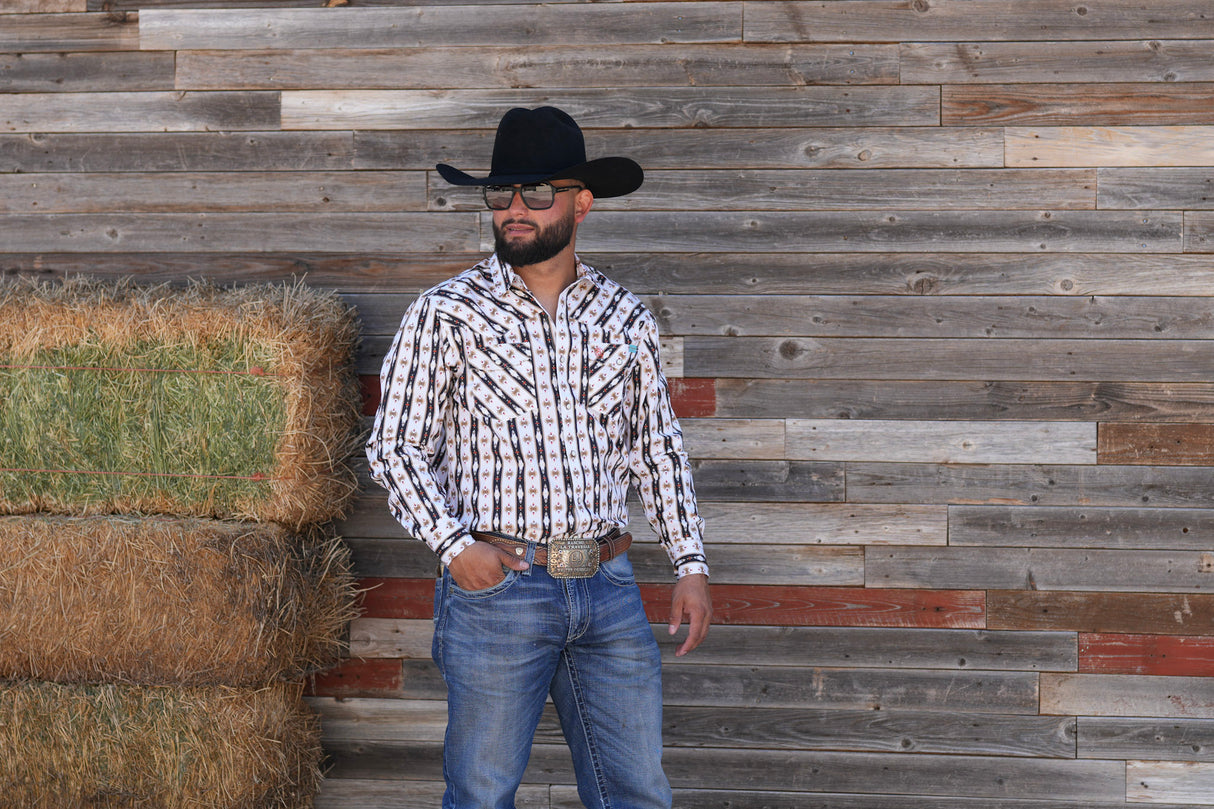 White & Black Aztec Stripe Pearl Snap SKCL2023158 158