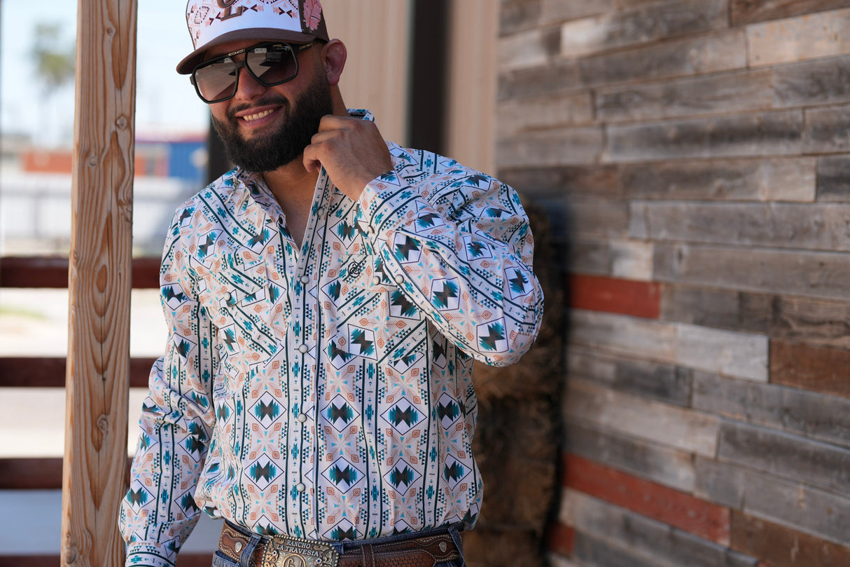 Teal & White Aztec Stripe Pearl Snap SKCL2023152 152