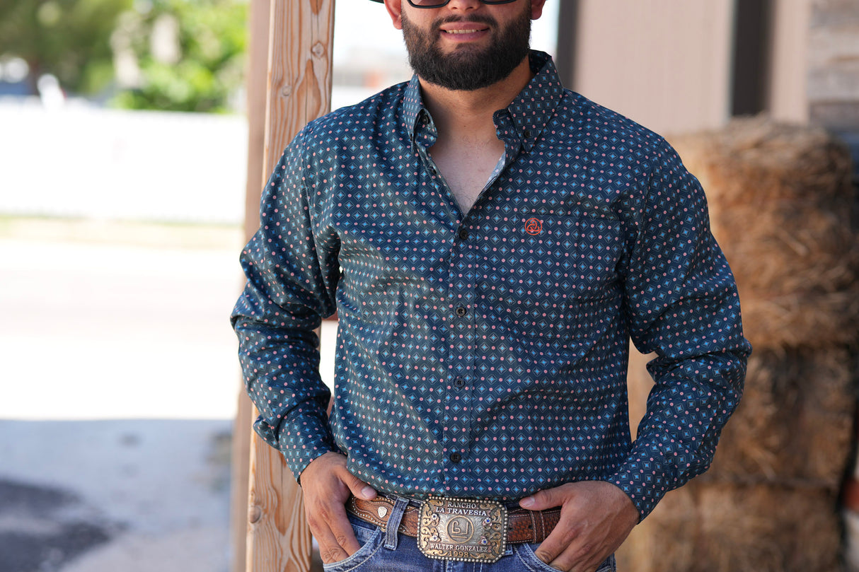 Blue & Salmon Geometric Button Up SKCL2023169 169