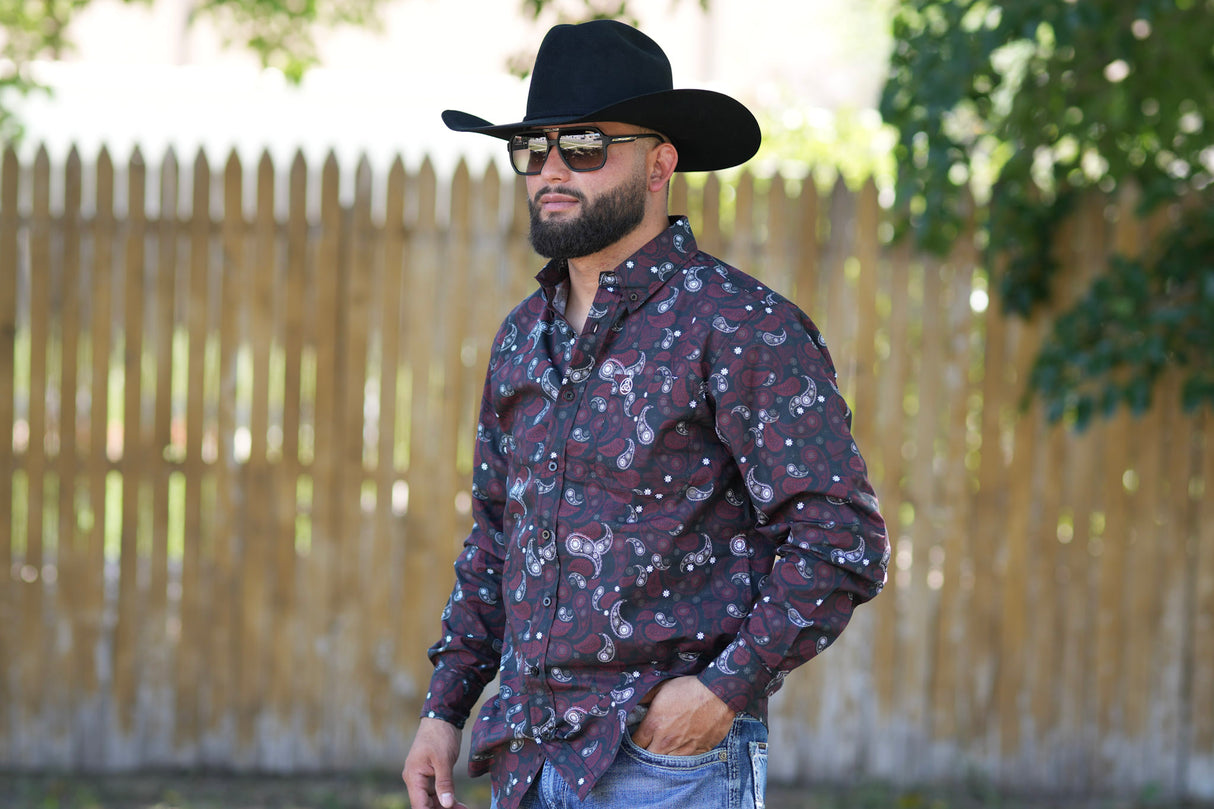 Black & Burgundy Paisley Button Up skcl2023167 167