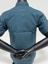 Black Geometric Short Sleeve Button Up SKCL2023155-SS  155-SS