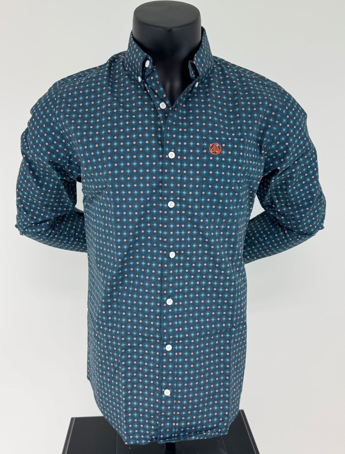 Blue & Salmon Geometric Button Up SKCL2023169 169