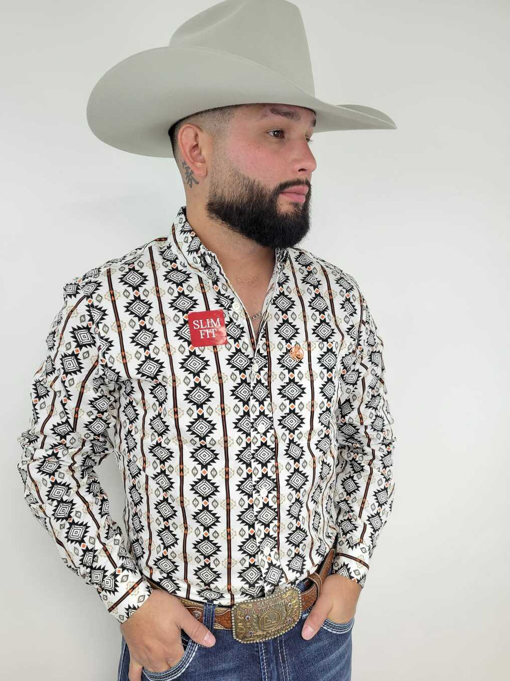 White Aztec Print in Black and Orange Slim-SKCL2023044 044